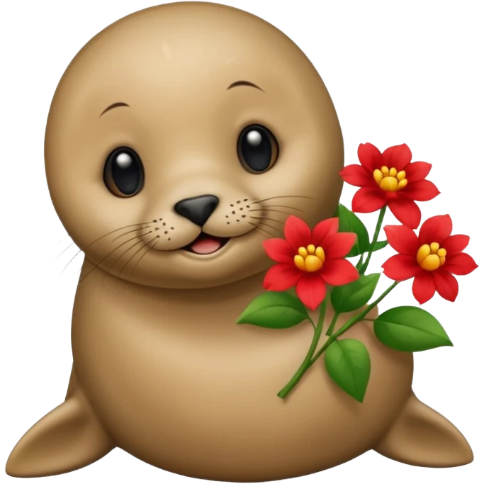 Happy seal holding red flowers emoji