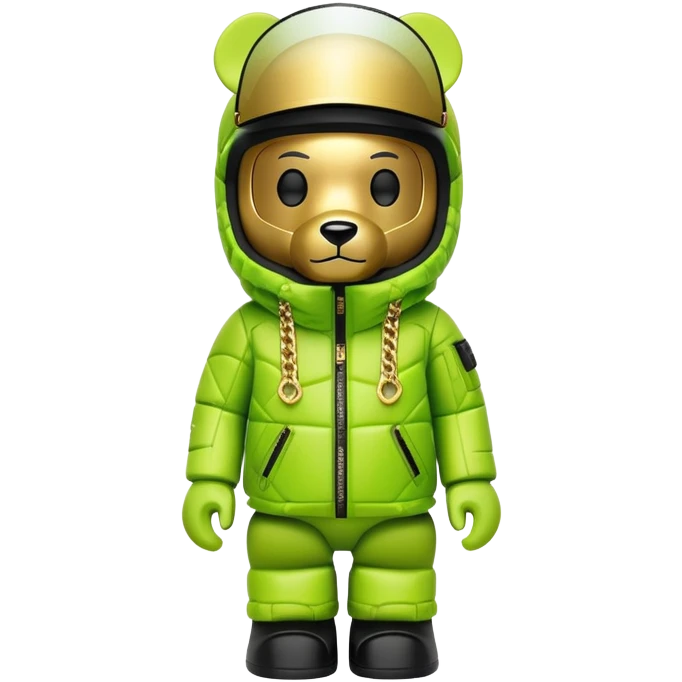 geometric bearbrick in lime graffiti balaclava wearing large snowboard style panoramic shield visor with single continuous lens, no eye division, luxury down jacket with fur, gold chains emoji