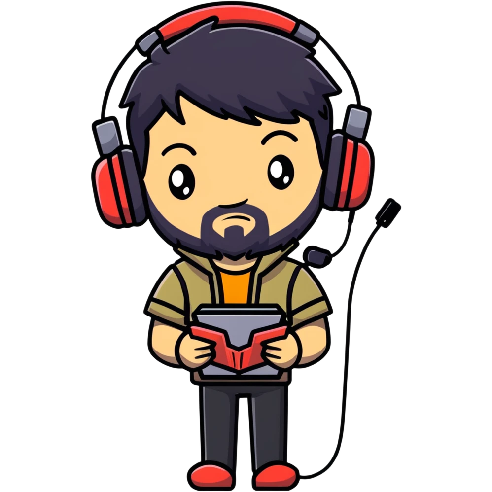 Anime-style character with black hair, brown eyes, black beard, and gaming headset, Japanese animation style emoji