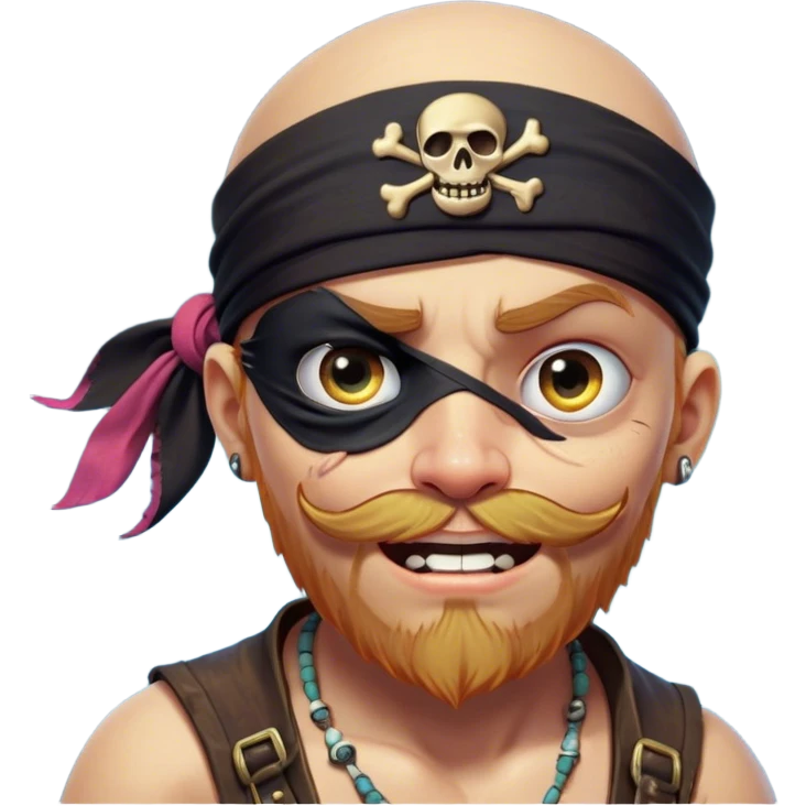 Clash of Clans aesthetic Comical Pirate Portrait Emoji, Head tilted dramatically with an exaggerated, fun expression and wide, comically expressive eyes behind a quirky eye patch, featuring a rugged yet cartoonish build with a playful bandana and natural skin tone, Simplified yet hilariously expressive features, highly detailed, glowing with a slightly sassy oceanic glow, high shine, dramatic yet playful, stylized with an air of cheeky maritime mischief, soft glowing outline, capturing the essence of a meme-worthy pirate who brings humor to epic quests! emoji