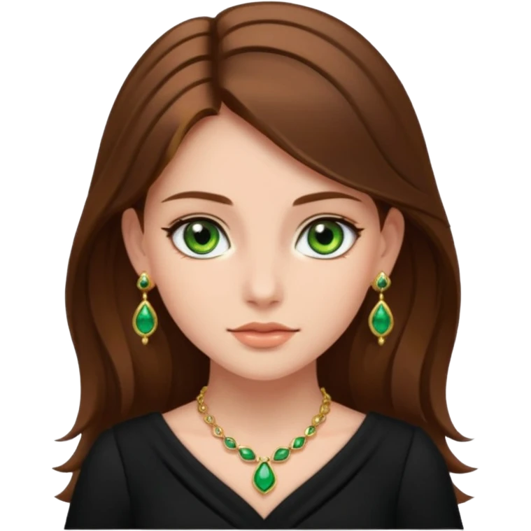 Μια κοπέλα καστανή με μαύρα ωραία ρουχα και σκουλαρίκια και κοσμήματα και βαμμένη ελαφρό και πράσινα μάτια τα κοσμήματα λίγα και χρυσα τα κοσμήματα να είναι λίγα και λεπτα και βαμμενοι emoji