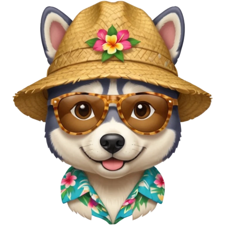 hasky with sunglasses and straw hat, hawaii shirt emoji