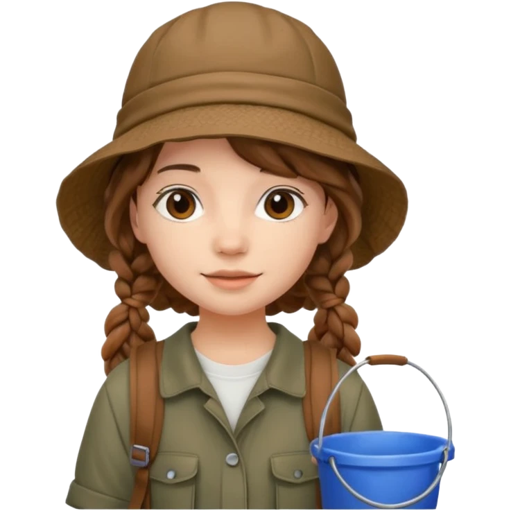 a young student girl with the backpack with bucket hat, brown wavy braided hair emoji