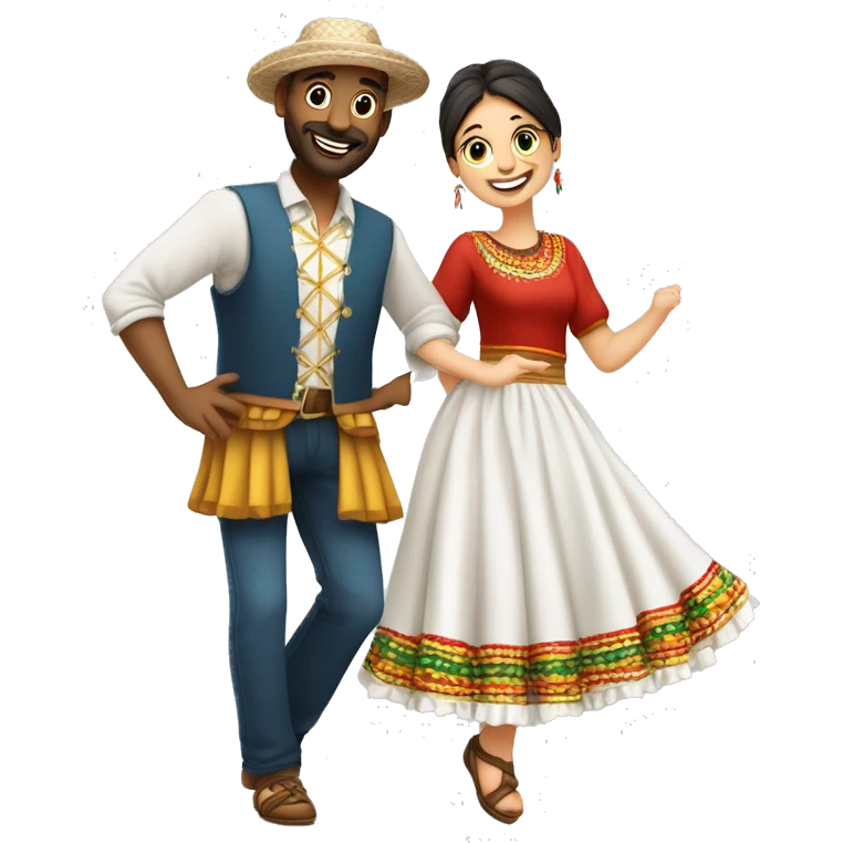 casal branco vestindo roupas vermelhas dançando quadrilha festa junina emoji