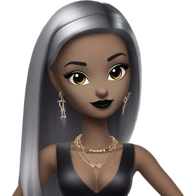  Seku-kyabakura Bunny Wends Addams Barbie.  Small very light skin face. Black lipstick and eyeshadow. Earrings matching necklaces. Long silky raven hair. Dress that’s off-the-shoulders shows her legs and black high heel.  emoji