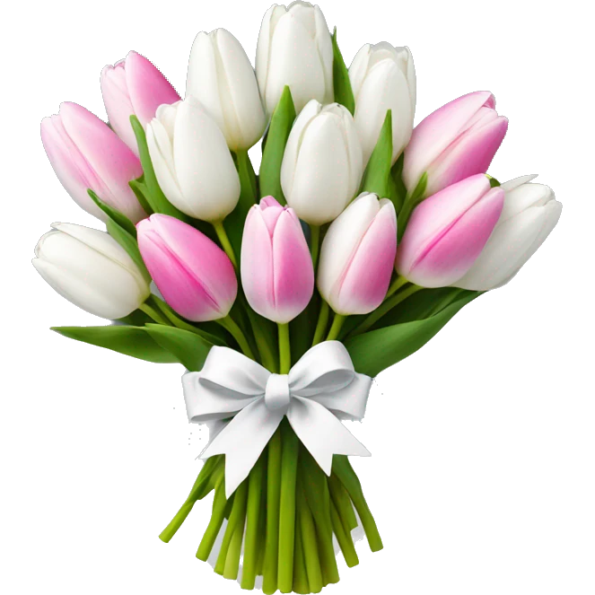 bouquet of white tulips and some pink tulips with a bow around it emoji