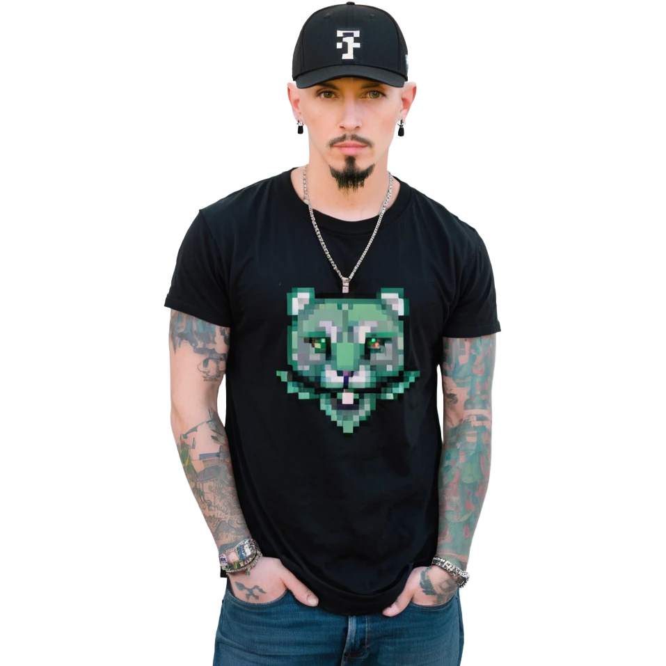a man with a shaved head, goatee, pierced ear, and green eyes, wearing a black baseball cap, black shirt, jeans, and tattoos on one arm, pixel art style, facing forward emoji