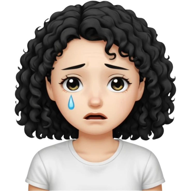 a pretty fair bratz girl with black curly hair, crying, wearing a white tshirt emoji