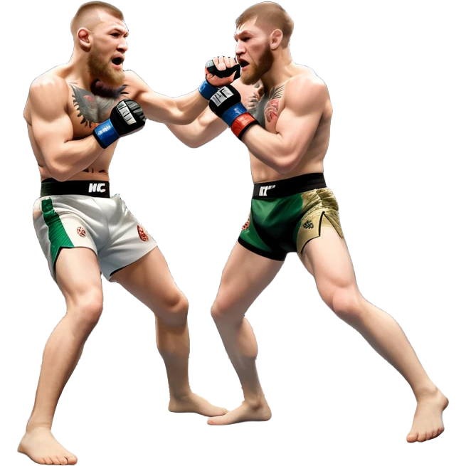 Iconic MMA match between Conor McGregor and Khabib Nurmagomedov in the octagon. McGregor throws a powerful punch while Khabib counters with a takedown attempt. The crowd roars in the background as the fighters showcase their intense rivalry. Transparent background captures the high-stakes fight emoji