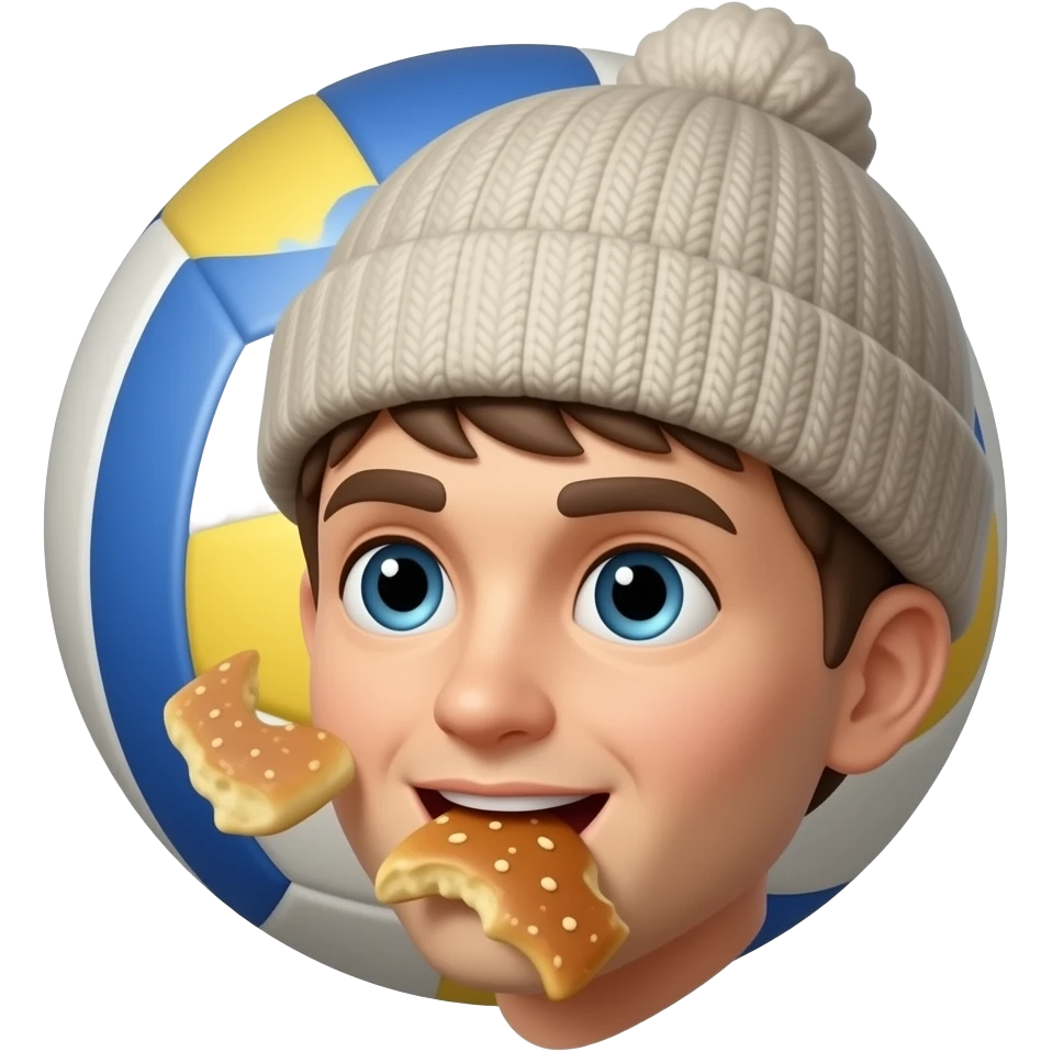 volleyball wearing a beanie eating krapfen. just this. do not add anything else, i want the volleyball to have a face emoji