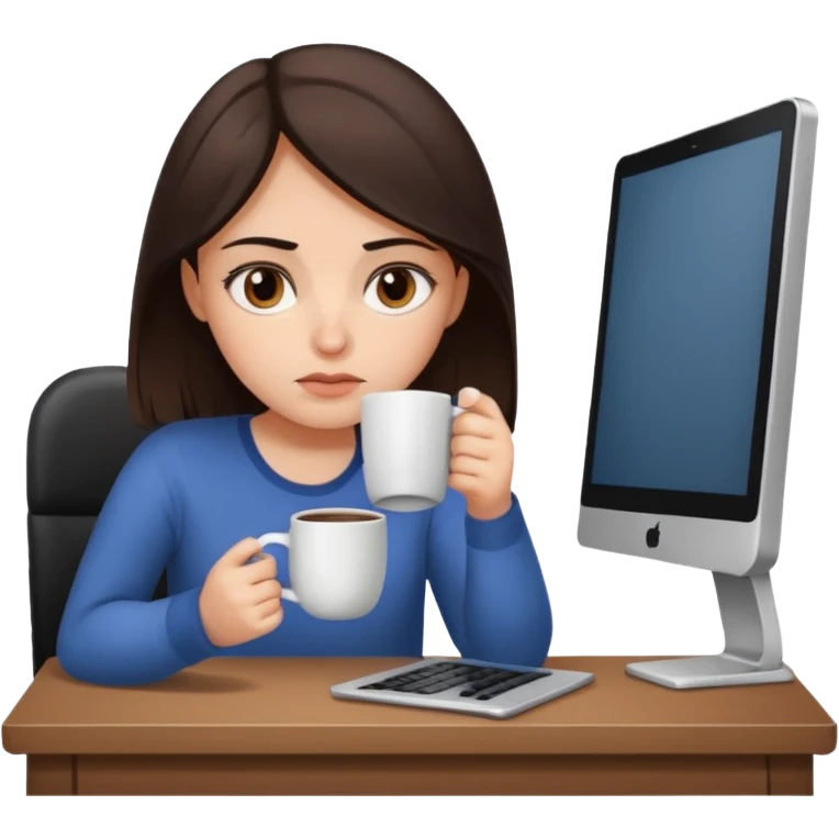 A brunette girl with dark brown eyes, dark circles under eyes, tired, sad face, with a mug of coffee in one hand and sitting in front of a computer emoji