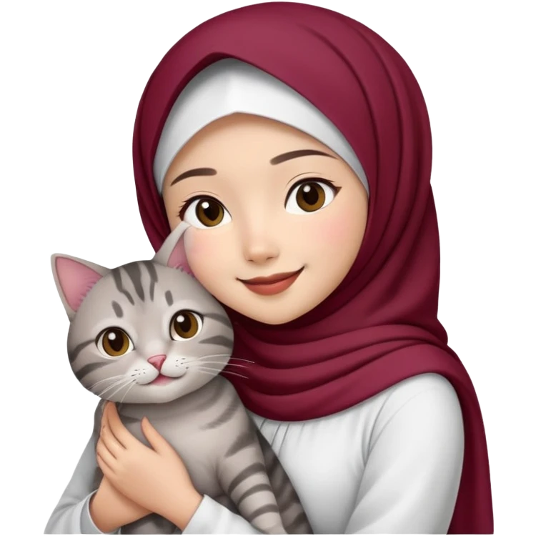 Asian White girl wearing maroon hijab and white dress holding a black grey tabby cat while smiling.  emoji