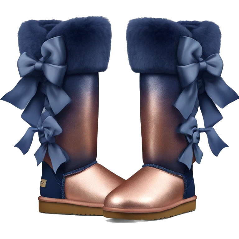 Realistic Pair of copper to Navy blue ombre Ugg fur boots with bows emoji