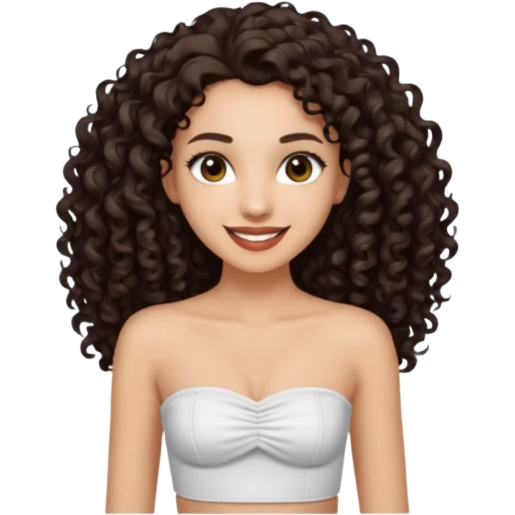 Woman with light skin and super dark brown-almost black colored irises eyes and  dark brown long curly hair that’s waist length curly hair and white tube top with no straps emoji
