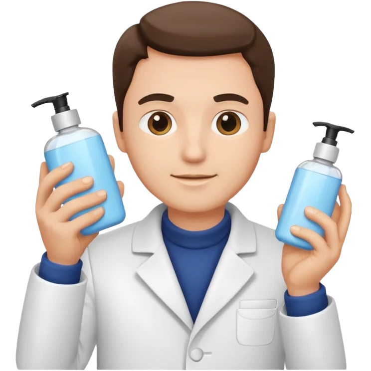 man with white coat holding skincare products emoji