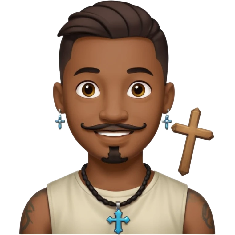 Deci creează mi un emoticon cu un băiat mai creol care are doar o coadă are cercel intr o ureche are tatuaje și barba cioc și mustața și are lanț la gât cu cruce emoji