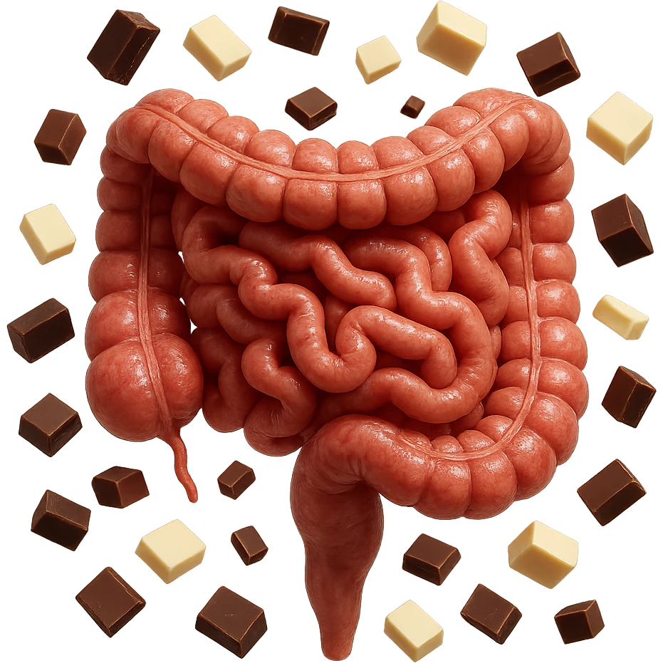 pezzetti di cioccolato fondenti, al latte e bianchi fluttuano intorno ad un intestino umano anatomico realistico, IPERREALISTICO 4K emoji