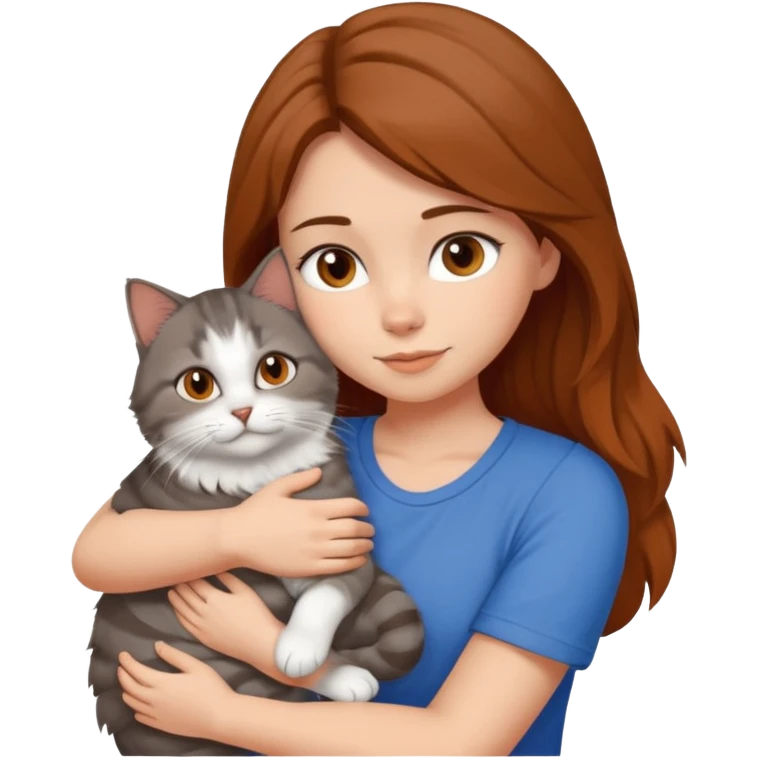 a white girl with brown and hair and a blue top hugging a siberian cat color brown, orange, gray, mixed colors emoji