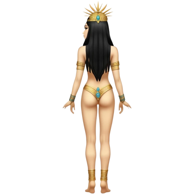 fullbody back view of Anunnaki goddess Inanna with very long black hair reaching her lower back, Mesopotamian cuneiform and star symbols, completely bare back, and ornate gold bands on wrists and ankles emoji