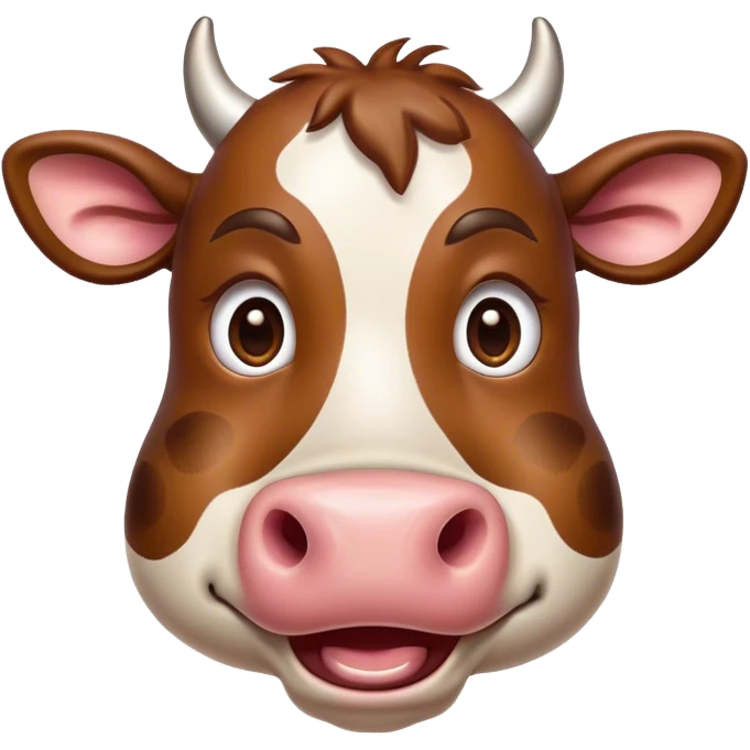 Cinematic Comical Brown Cow Portrait Emoji, Head tilted dramatically with an exaggeratedly amused expression, featuring a striking, glossy brown hide with a playful natural pattern, wide, expressive brown eyes filled with humorous disbelief, Simplified yet hilariously expressive features, highly detailed, glowing with a slightly sassy glow, high shine, dramatic yet playful, stylized with an air of cheeky farmyard mischief, bright and endearing, soft glowing outline, capturing the essence of a spirited and over-the-top cow, so meme-worthy it feels like it could moo its way into internet fame instantly! emoji