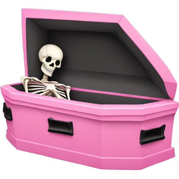Pink coffin with a black bow on it with a skeleton in it  emoji