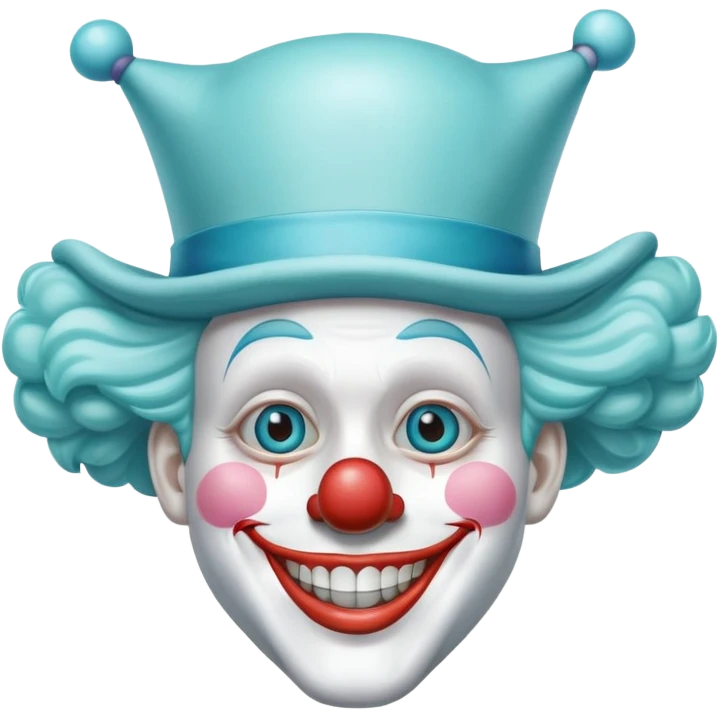 Chú hề, đội mũ chú hề cao xanh nước biển, cười tươi, khuôn mặt dài, 25 tuổi emoji