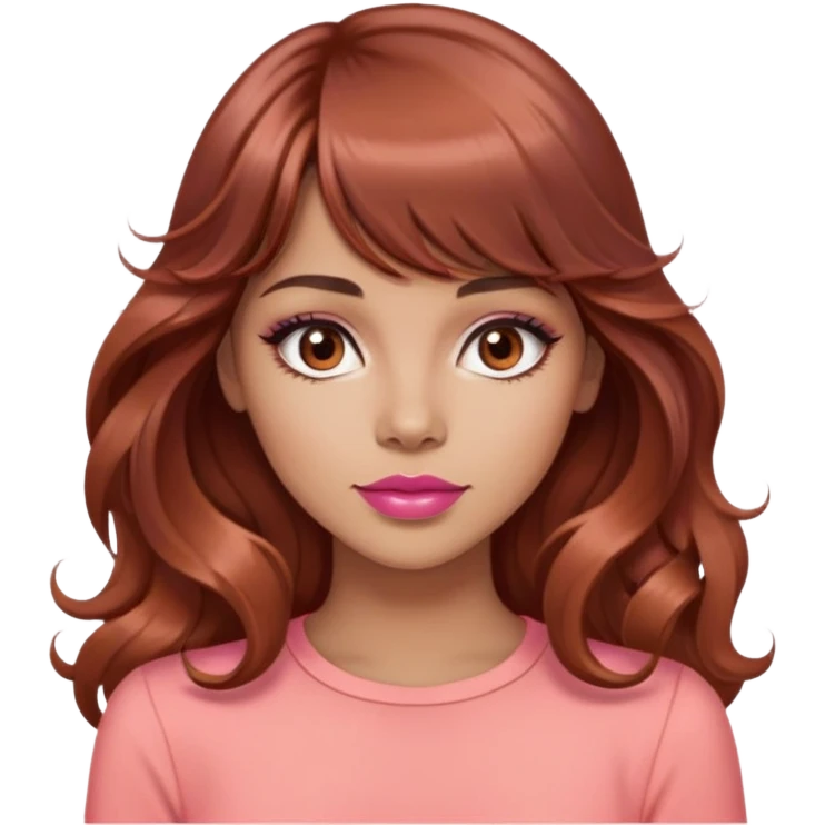 beautiful woman, light tan skin, dark brown eyes, very long wavy auburn hair, bangs, pink top, coral lipstick, cool, model emoji