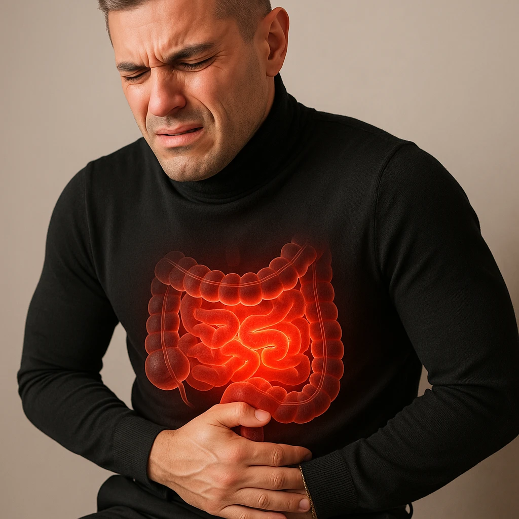 Realistic style image of a man sitting, bent forward with one hand on the abdomen, expression of discomfort, intestine highlighted with visual effects of inflammation. Focus on the abdomen. emoji