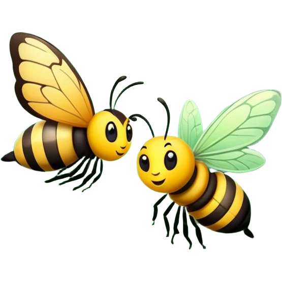 butterfly and bee together in a green forest, simple and expressive emoji