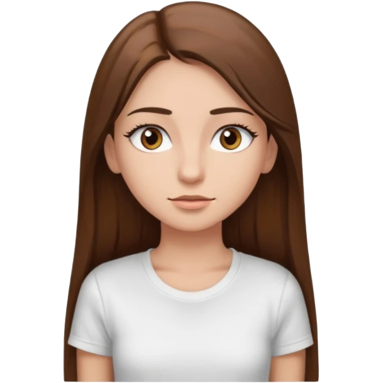 Chica de pelo liso ,largo y marrón con ojos color marrón  y una camiseta blanca y la piel blanca con pestañas emoji