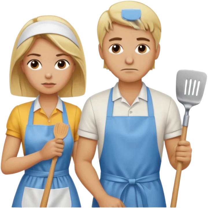 A blonde women slaving away cleaning a kitchen while her blonde husband scowls at her emoji