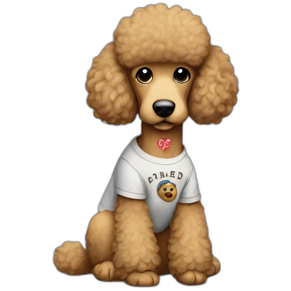 Light brown poodle seated and wearing a t-shirt of Eddie Vedder emoji