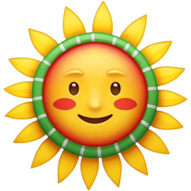 A flat emoji-style icon with three horizontal stripes: red on top, white in the middle, green on the bottom. A bright golden sun in the center with exactly 21 evenly spaced rays. Simple shapes, bold colors, no text, no gradients, transparent background, clean system-emoji look. emoji