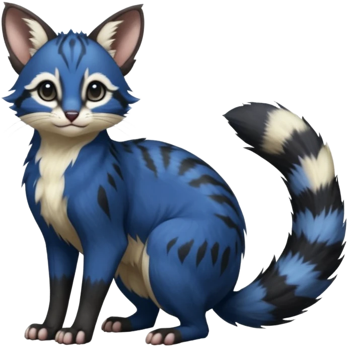 Dark-cobalt-blue, black-pointed, soft realistic romantic vintage antique divine beautiful elegant pretty precious cute young youthful  Fakémon-Pokémon-Furret-opossum-feline-serval-caracal-chinchilla-Minccino-Cinccino-Meowstic-rodent-hybrid-creature with a big fluffy bushy tail (full body) emoji