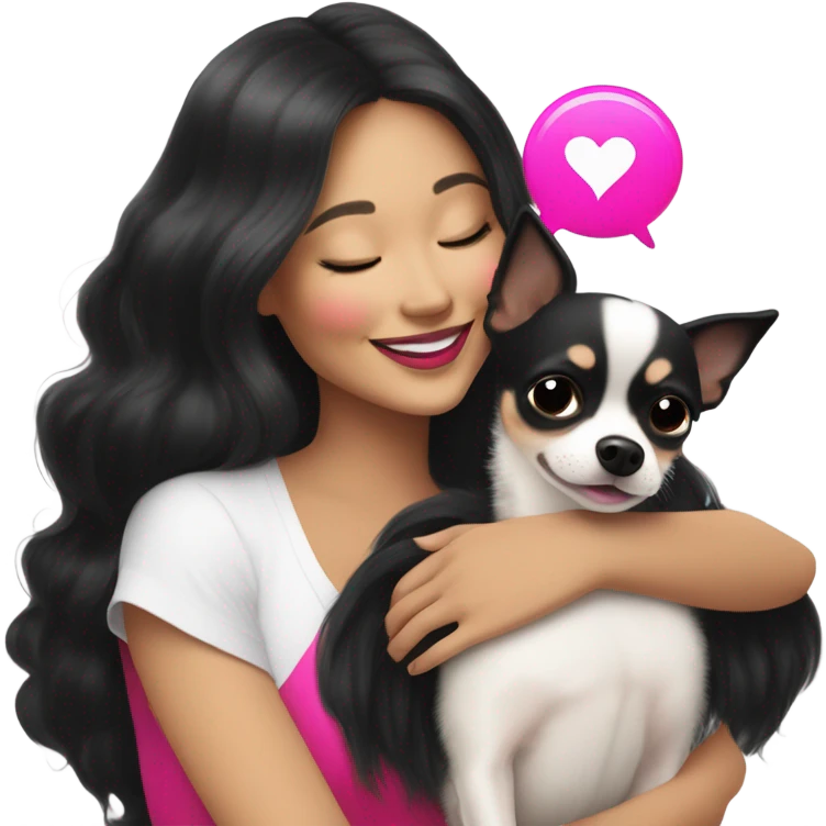 Thick medium black hair and hot pink lips and pink cheek smiling mature Filipino lady hugging black and white Chihuahua  emoji
