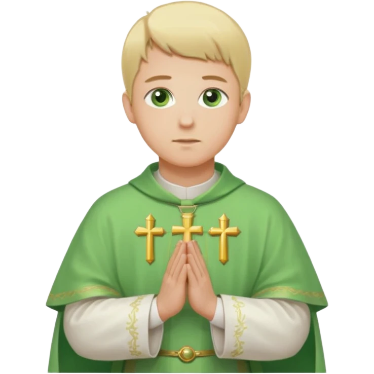 a priest, green eyes, blonde hair, light green chasuble (A wide, flowing, bell-shaped outer robe, without any religious symbols). opening arms, gazing thoughtfully. Soft light, subtle fern. Waist-up, profile. emoji