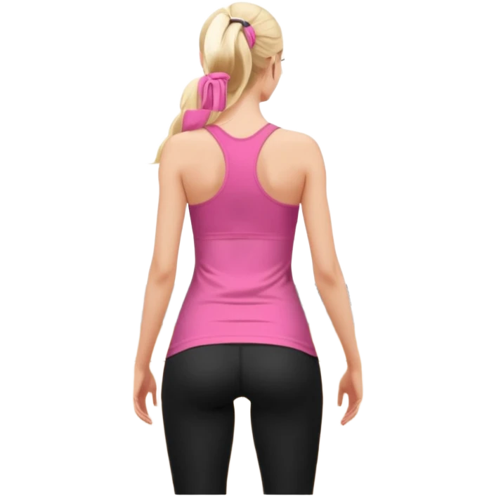 Render from knees up, view from the back, fair skinned woman, thin, long blond hair, cooking dinner in kitchen, pink loose tank top, showing natural B cup breast shape SFW, black yoga pants, perfect booty, looking back emoji