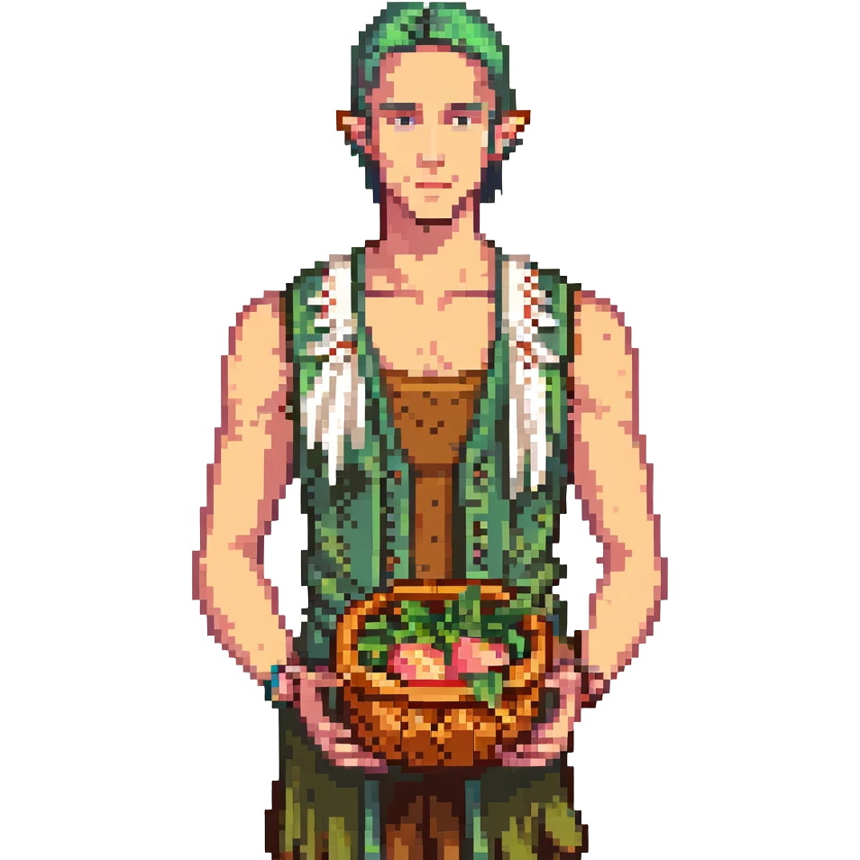 elf male Sleeveless vest with palm-leaf print, basket of exotic fruits (mango/lychee), sunburned nose. emoji