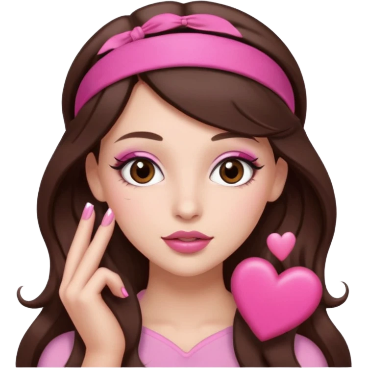 Pink and clothes emoji, inspired with brunette hair, brown eyes, long hair, heart shape lips and pink make up  and pink nails, mauve pink blush and a chocolate brown bandw emoji