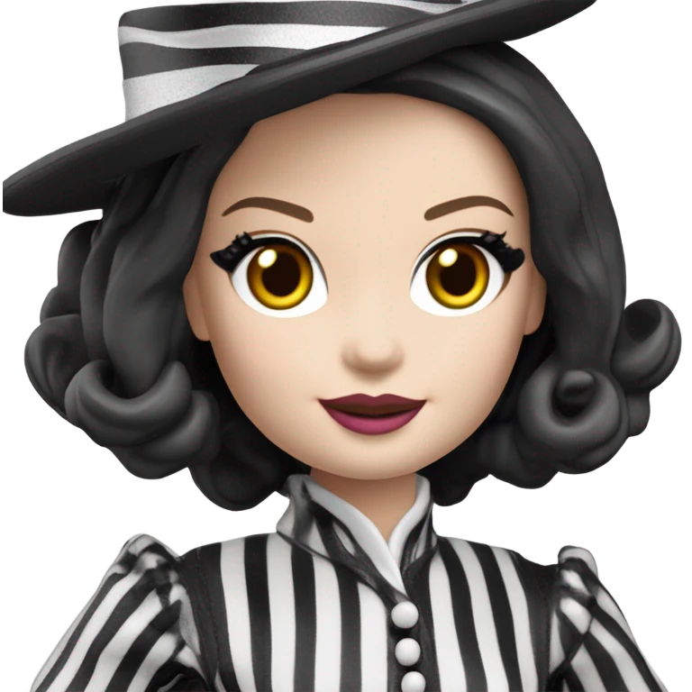 Kentucky Derby Barbie, 1910 Wednesday Addams from academy, in dark-gray and black striped outfit with hat. Smiling Driving Mercedes convertible sports car. Pale-white porcelain skin.  emoji
