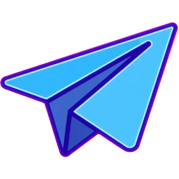 Telegram paper airplane logo in classic blue color, with neon glow lines, blue neon glow on top left, purple neon glow on bottom right emoji