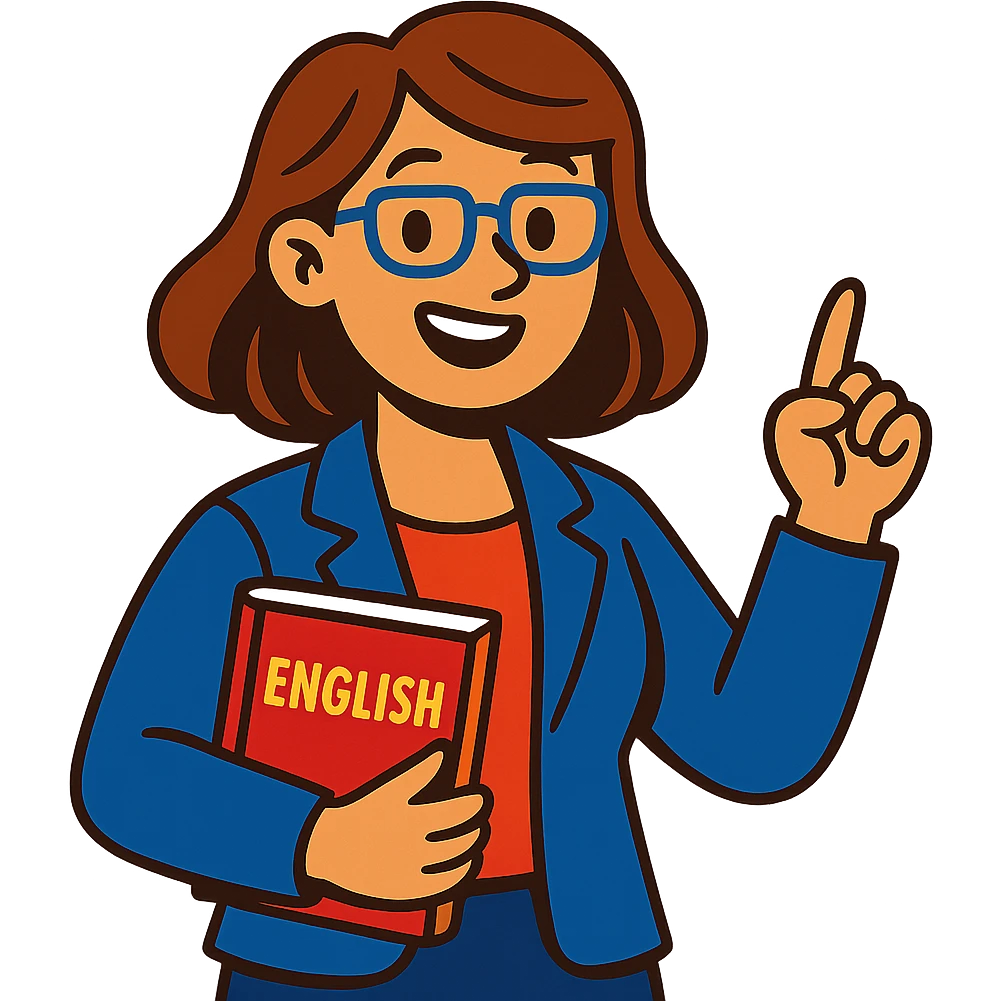 woman English teacher with brown hair, holding a book, vibrant toon style emoji