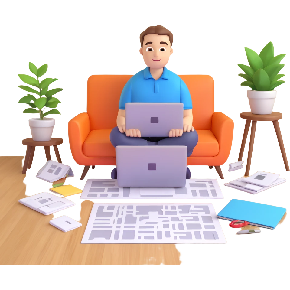 interior designer with a laptop and floor plans, surrounded by decor samples emoji