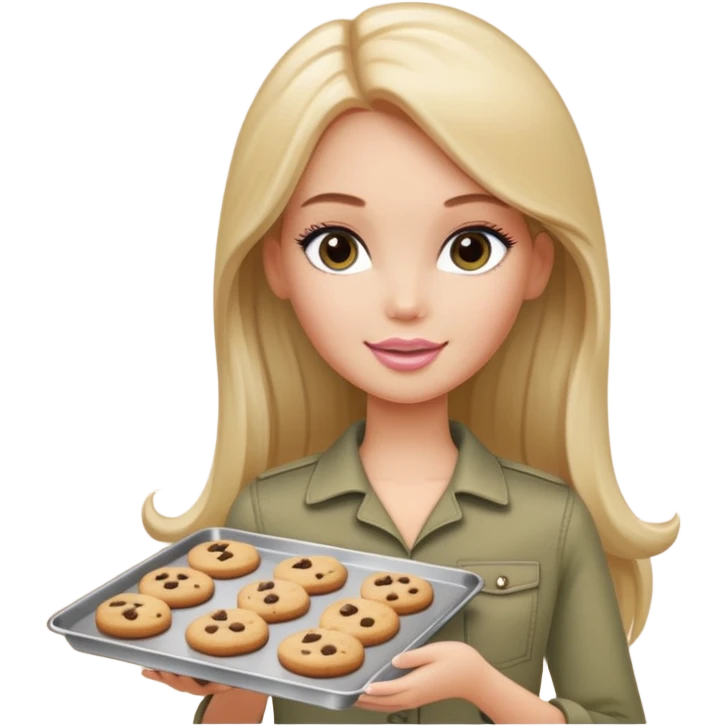 A white Barbie girl with long dark brown straight hair in a pale olive clothes holds a Baking tray with cookies emoji