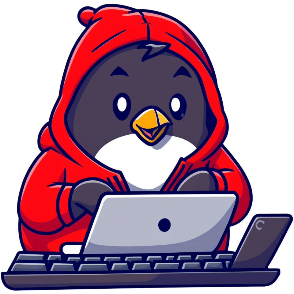 A penguin wearing a red hoodie looking focused while typing on a mechanical keyboard emoji
