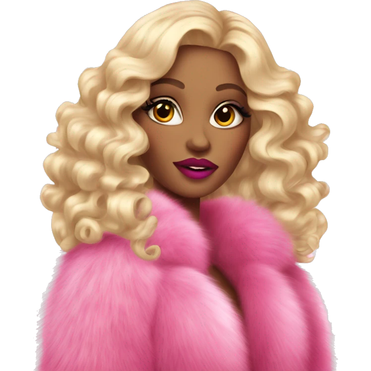glamorous brightly made-up blonde with long curls in a fur coat with long pink nails and big lips emoji