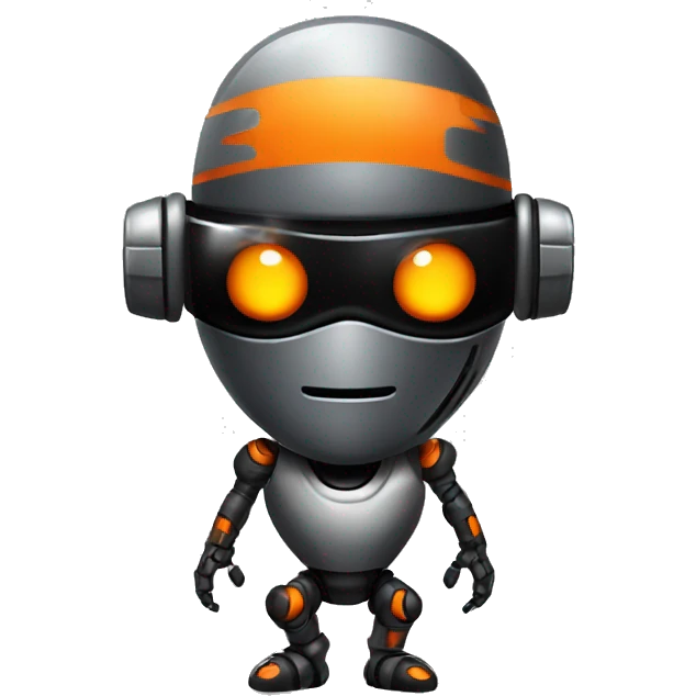 A shiny glossy ninja-like robot with a combination of black, orange and gray colors with blindfolds emoji