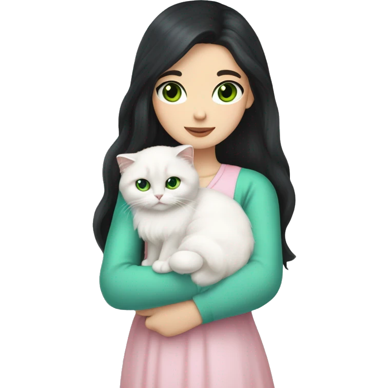 girl with very long black hair and green eyes and light pink outfit hugging a white scottish fold long hair blue eyes cat  emoji