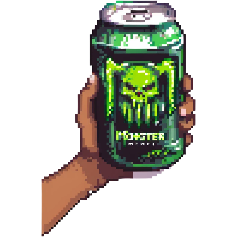 a hand holding a Monster energy drink can, pixel art style emoji