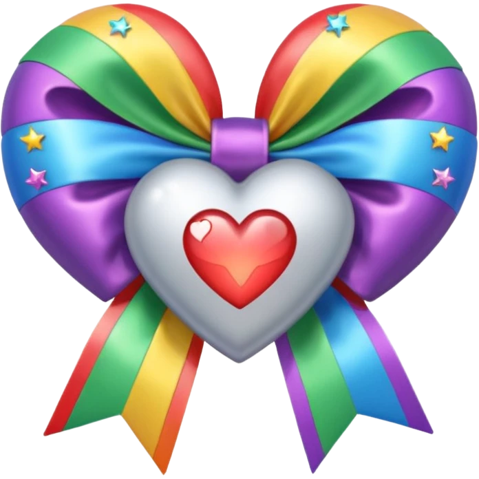 heart with rainbows and stars, silver bow with heart pattern on the bow emoji